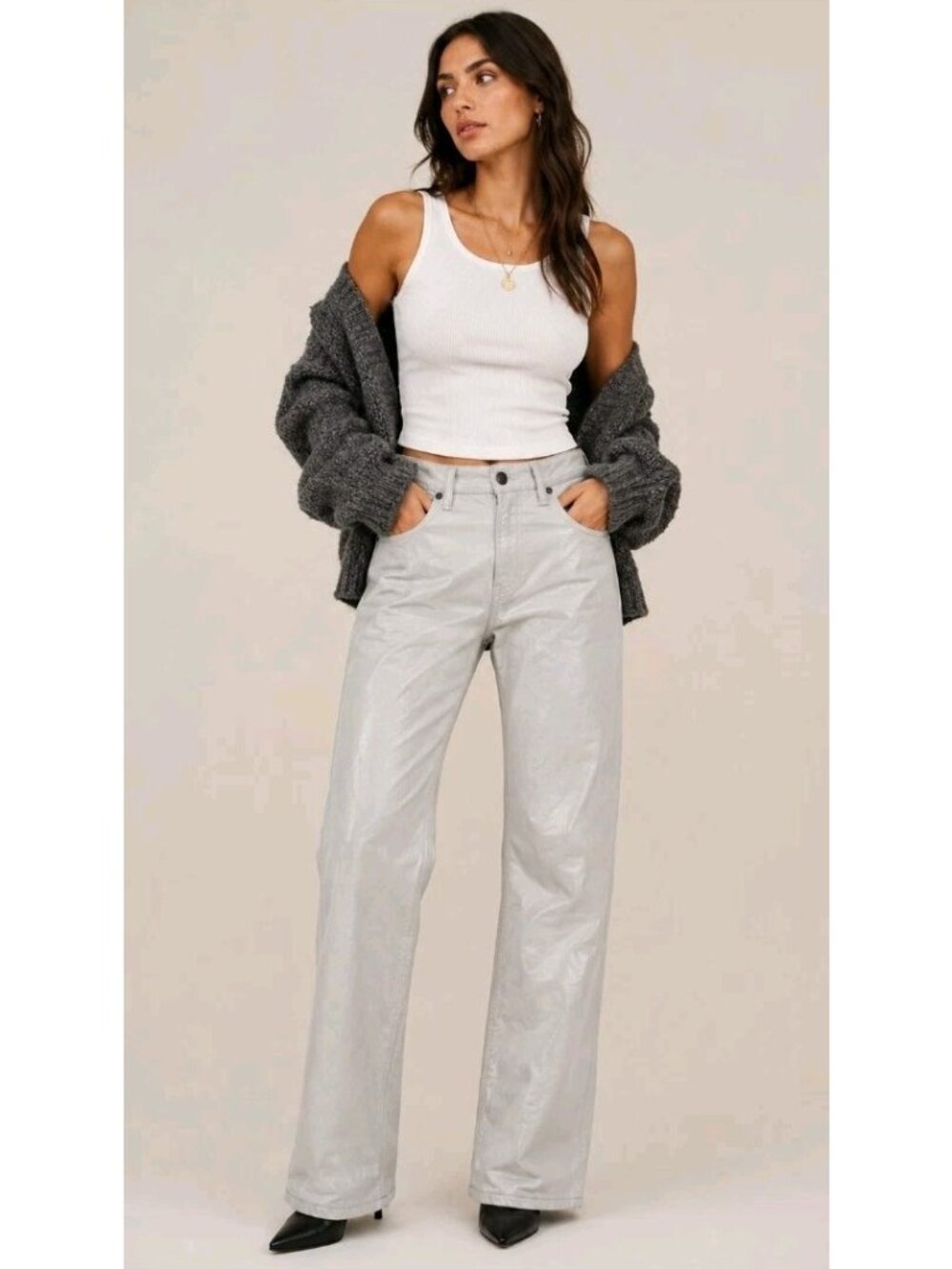 Agolde Recycled Leather Pant Relaxed Boot Moto Y2K High Rise Size 28 Dove Gray